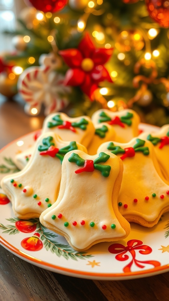Decorated Christmas bell cookies on a plate with festive icing and sprinkles.